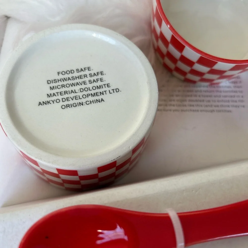 Red and White Checkered Ceramic Bowls with Spoons